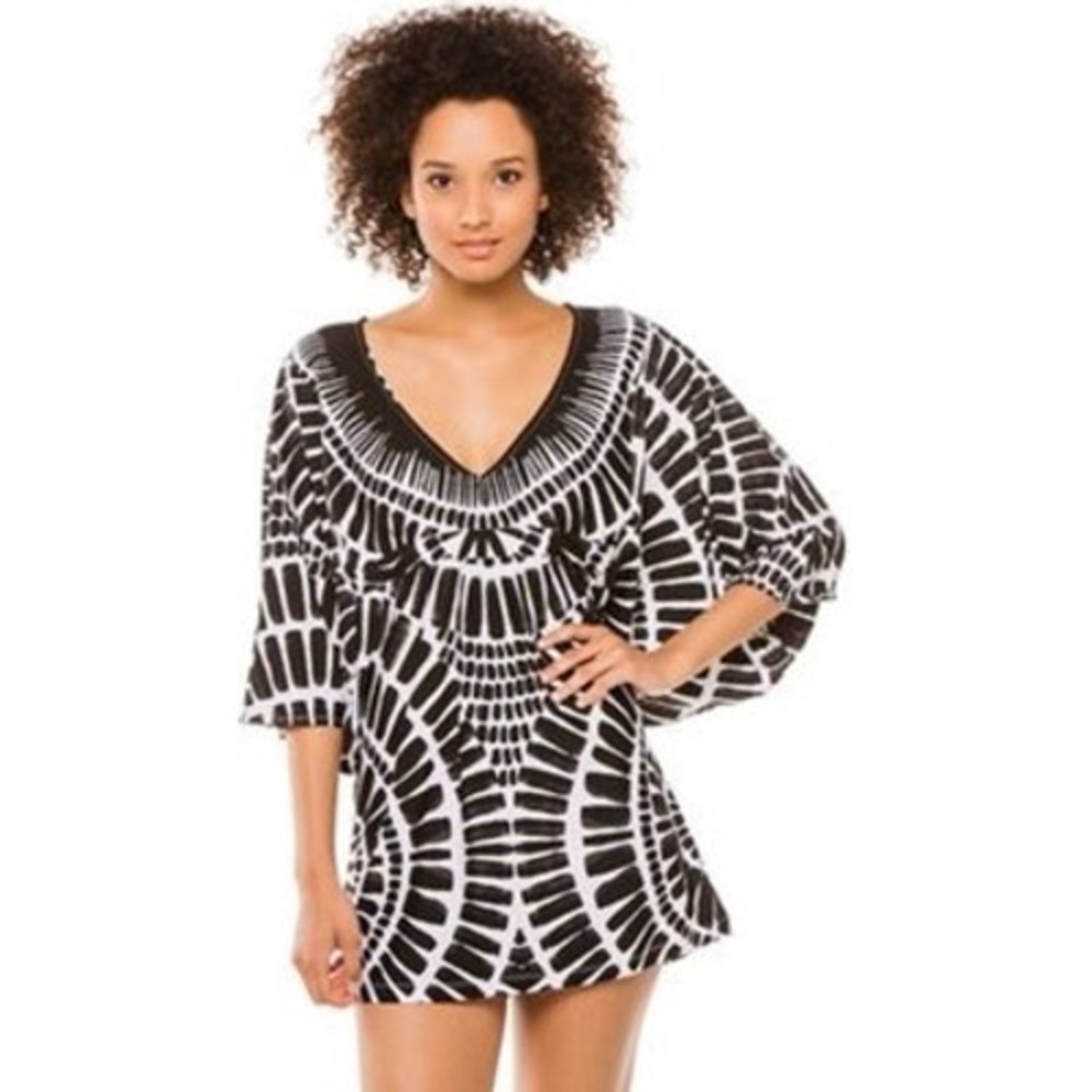Trina Turk Algiers Tunic Cover Up Black White Sunburst Kaftan Butterfly Sleeve M